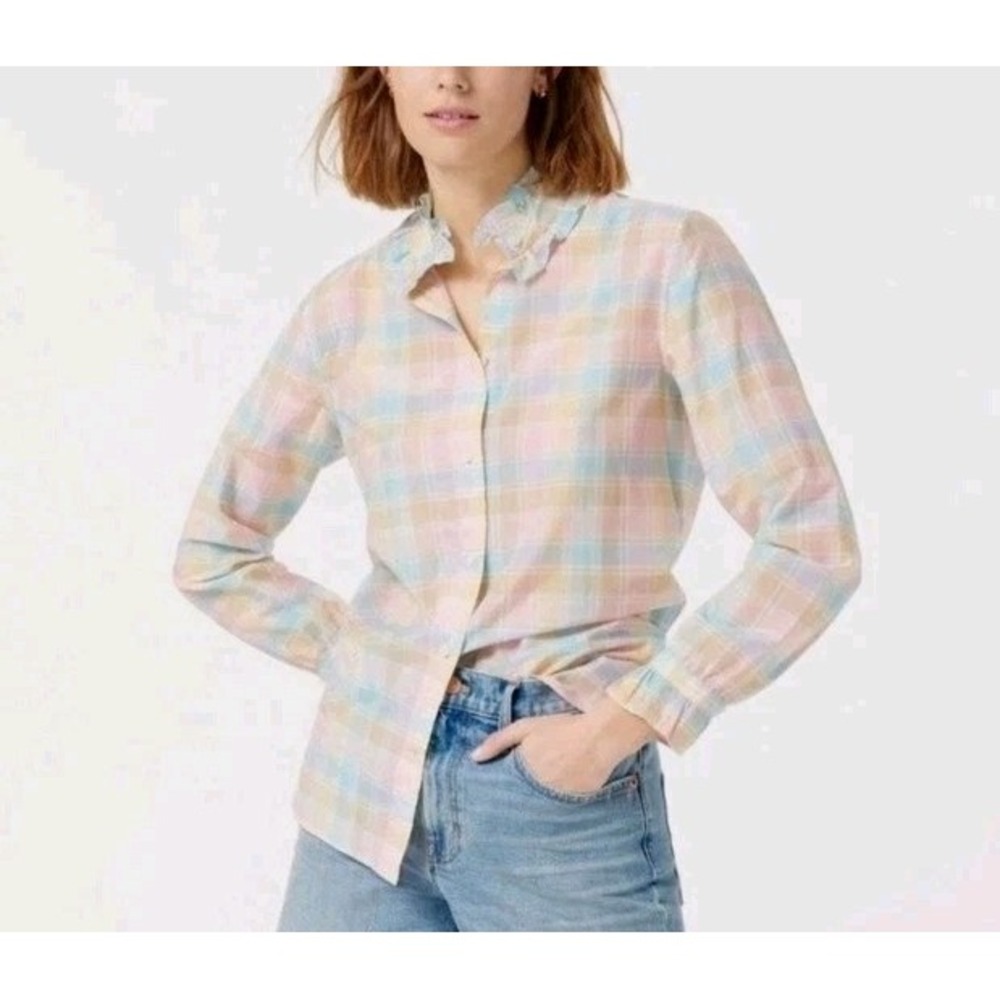 J. Crew Blouse Size 12 Women's Pastel Plaid Ruffle Button Down Dilk Cotton Blend